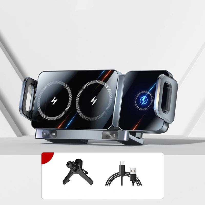 Smartlyo dual coil foldable phone holder and wireless charger with adjustable stand and sleek design for convenient charging.