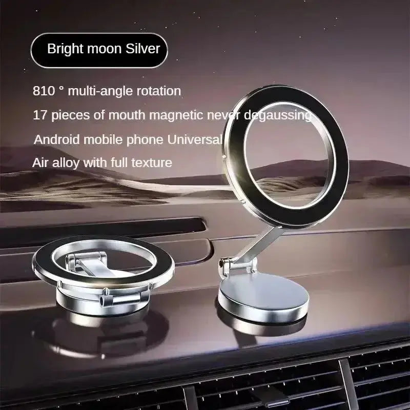 Smartlyo 360° magnetic cell phone holder mounted on a car dashboard with a phone secured in place.