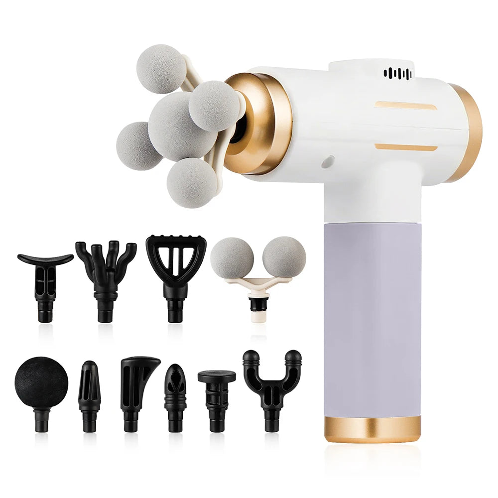 Smartlyo 11-in-1 electric massage gun with 99 intensity levels, showcasing its ergonomic design and multiple interchangeable heads.