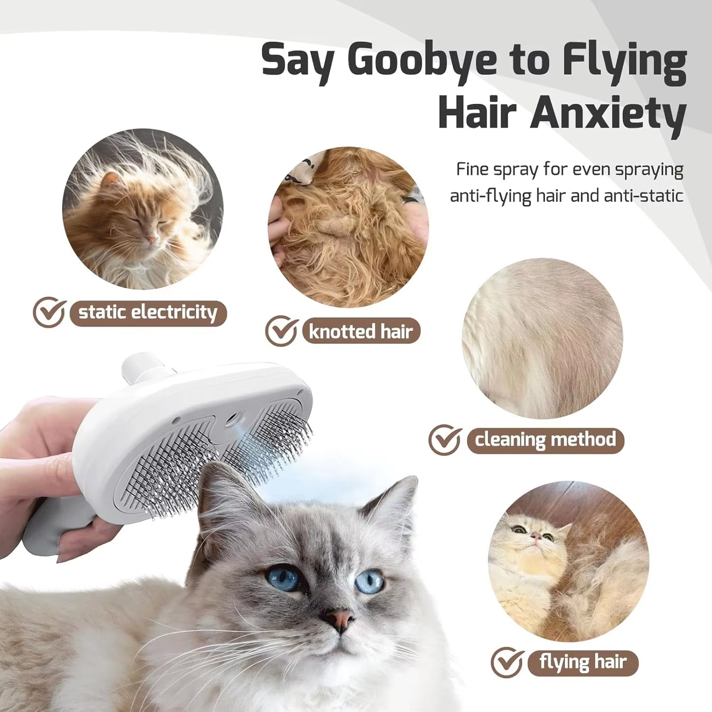 Smartlyo 3-in-1 steam cat brush with self-cleaning feature, showing the grooming tool and its ergonomic handle in use.