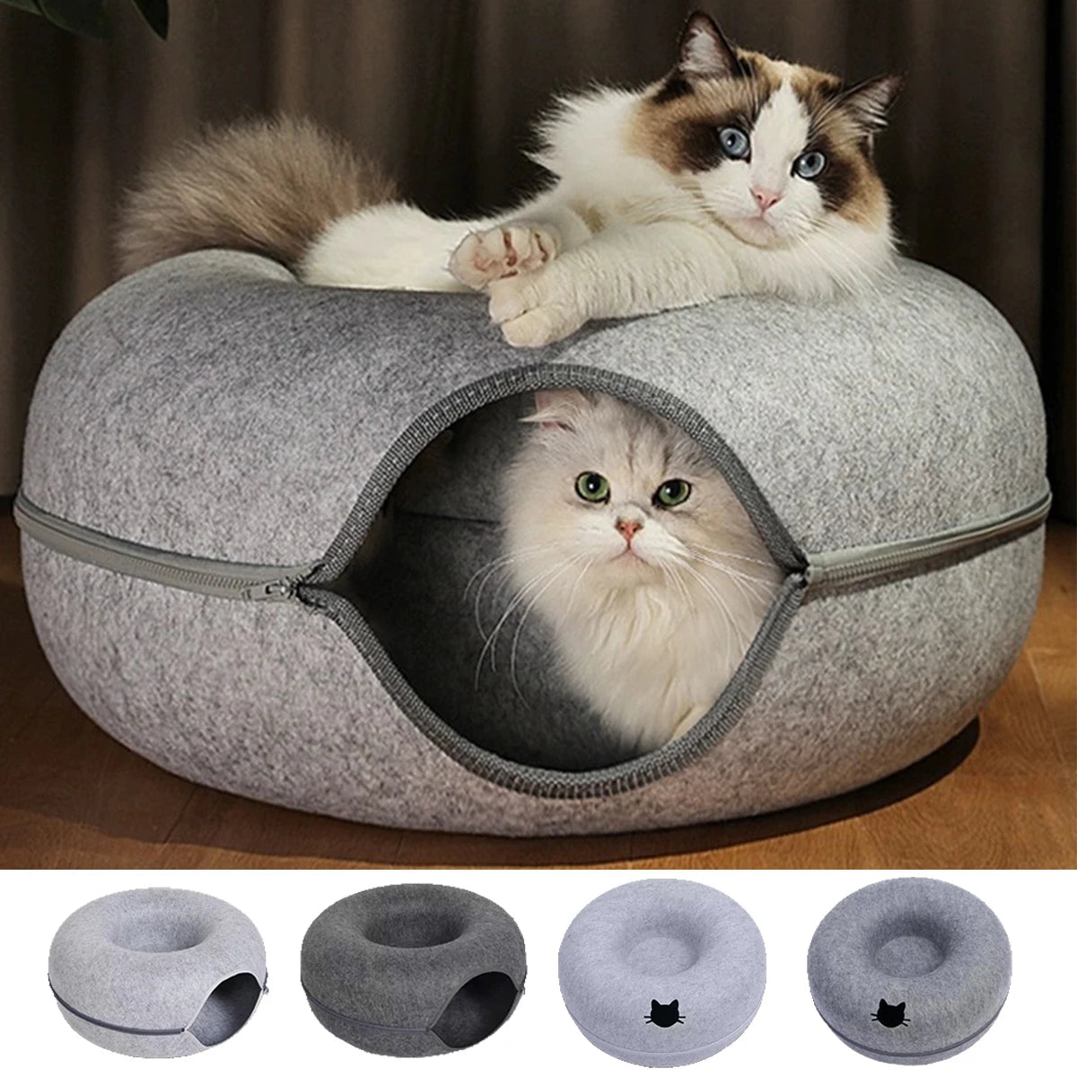 Soft donut-shaped cat bed by Smartlyo with plush fabric and cozy interior, perfect for small cats or kittens.