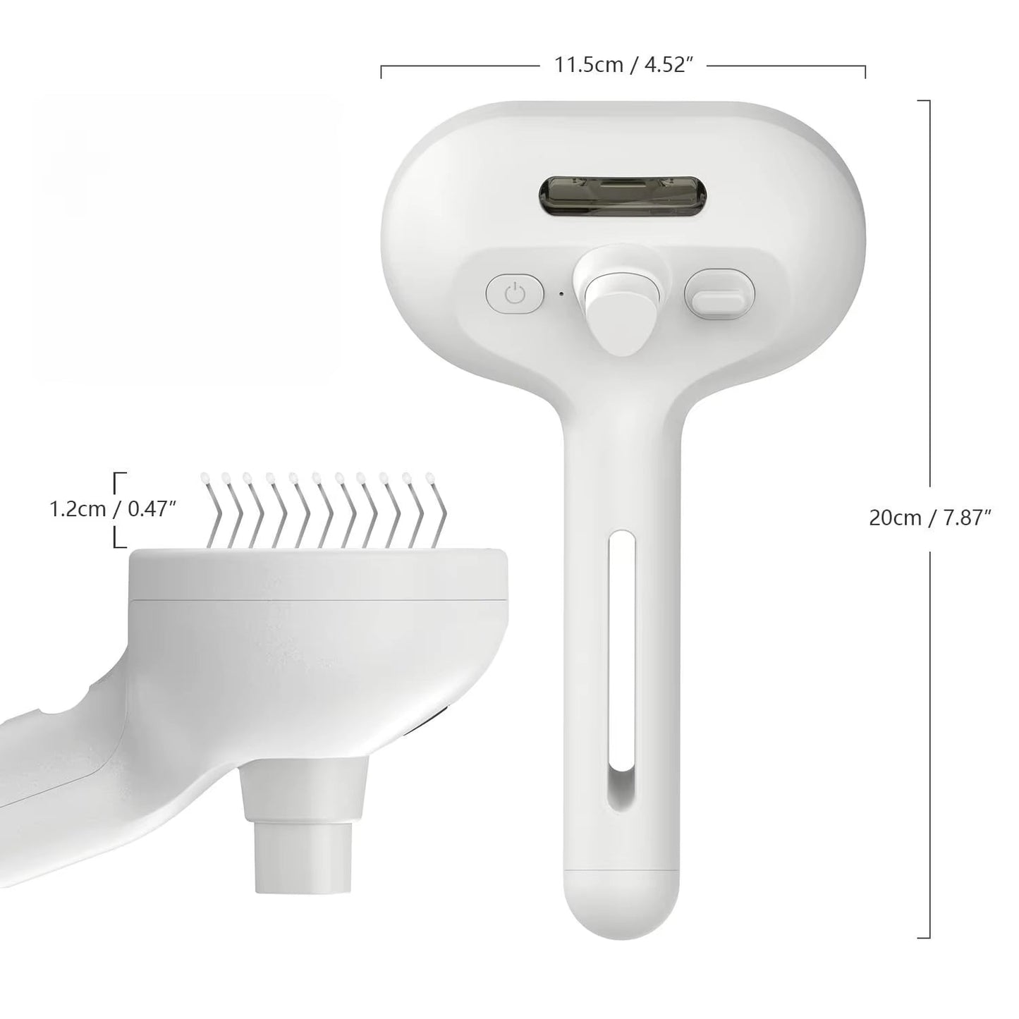 "Smartlyo 3-in-1 steam cat brush with self-cleaning grooming tool, showing the brush head and handle in use."