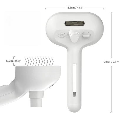 "Smartlyo 3-in-1 steam cat brush with self-cleaning grooming tool, showing the brush head and handle in use."
