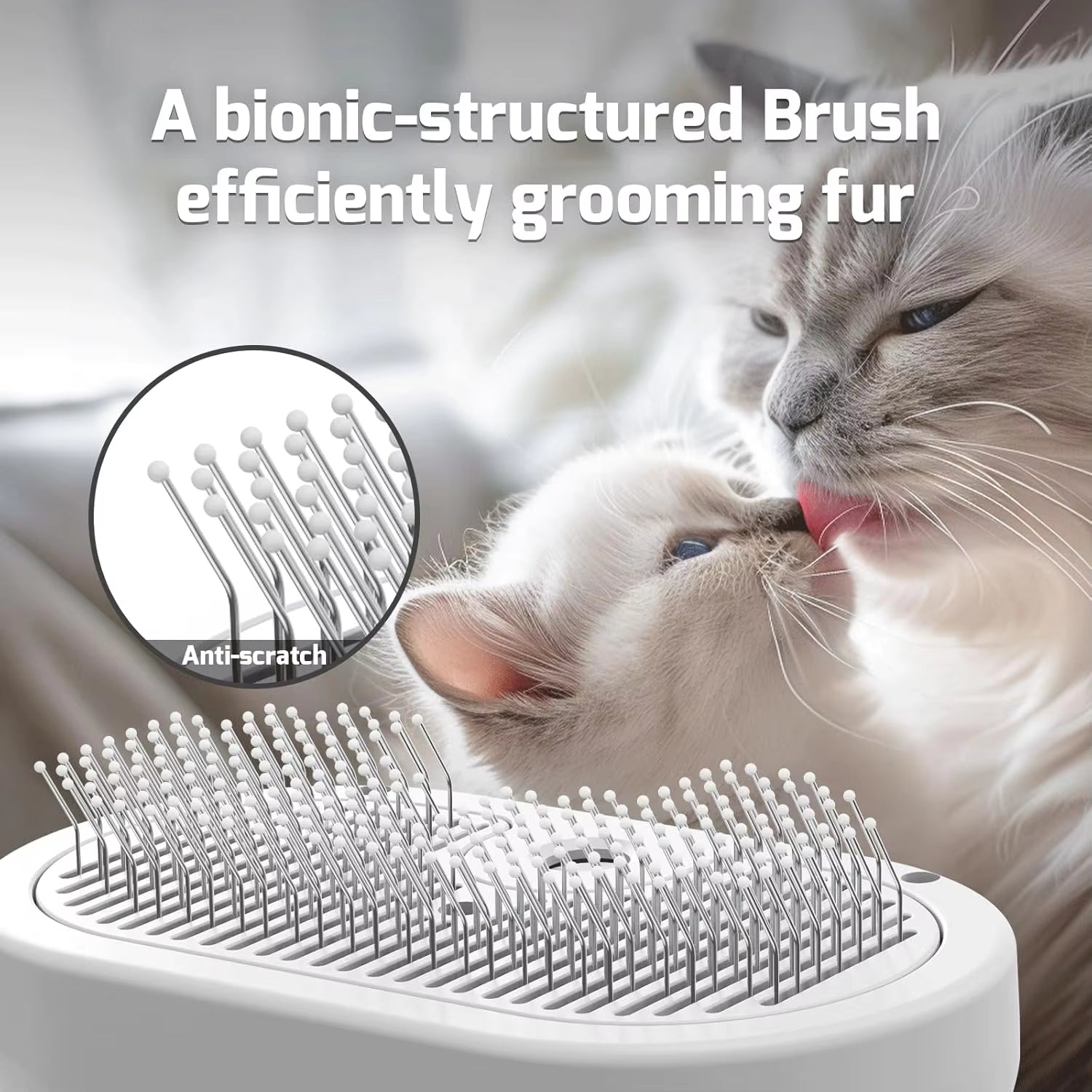 "Smartlyo 3-in-1 steam cat brush with self-cleaning grooming tool, showing a close-up of the brush head and steam features."
