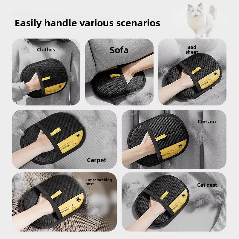 "Smartlyo pet hair remover glove showing textured surface for removing pet hair from furniture and clothing."