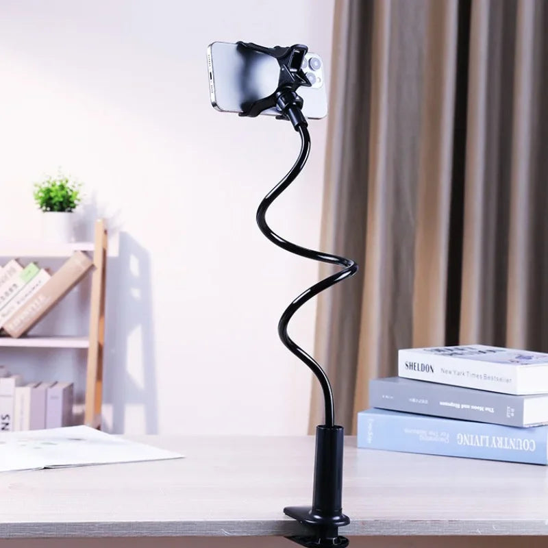 Smartlyo adjustable 360° rotating lazy phone holder with clamp, showing a secure grip on a smartphone for hands-free use.