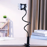 Smartlyo adjustable 360° rotating lazy phone holder with clamp, showing a secure grip on a smartphone for hands-free use.
