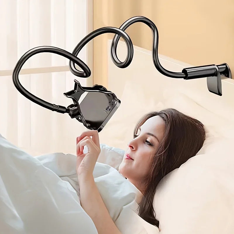 Smartlyo adjustable 360° rotating lazy phone holder with clamp, showing a sleek phone mounted securely for hands-free viewing.