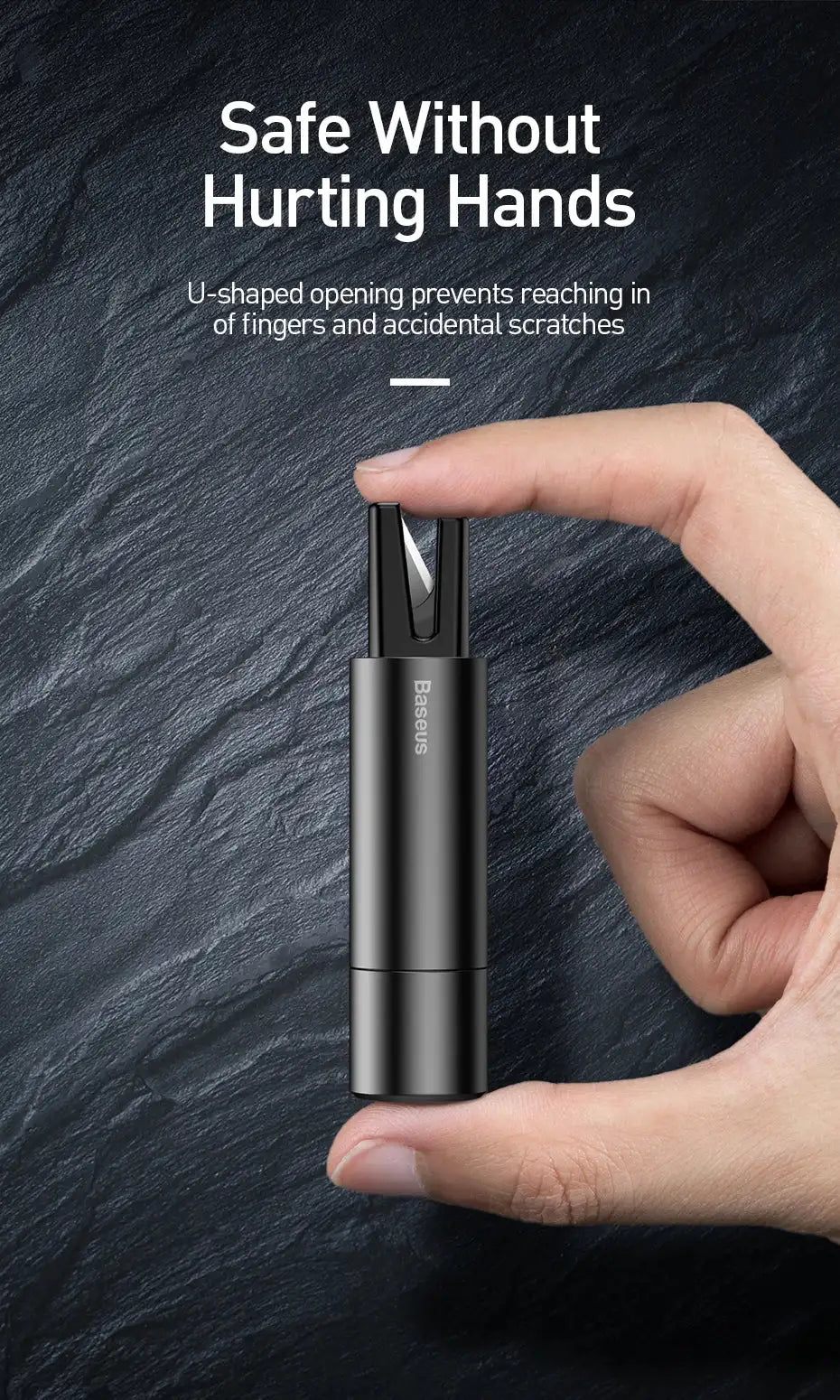Smartlyo Baseus car window glass breaker safety hammer with ergonomic handle and sturdy metal tip for emergency escape.