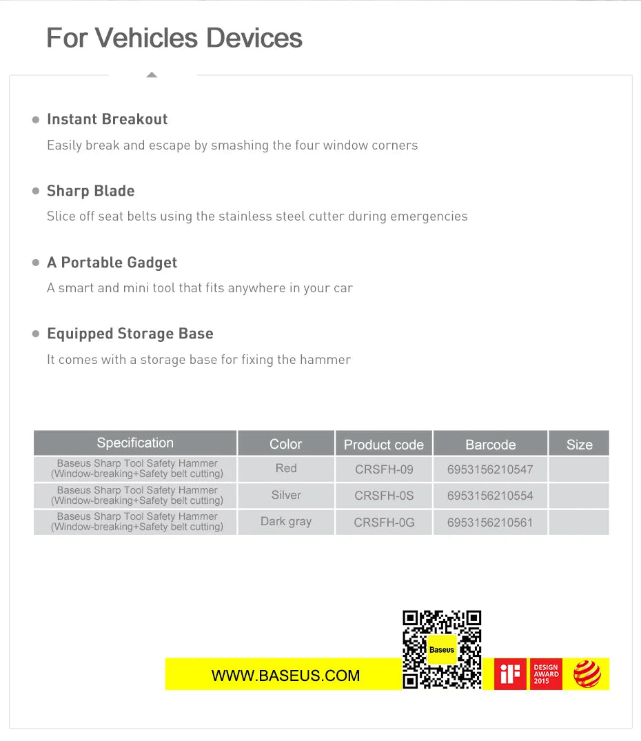 Baseus Car Window Glass Breaker Safety Hammer