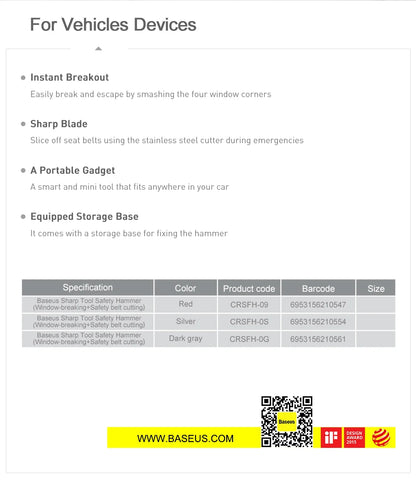 Baseus Car Window Glass Breaker Safety Hammer