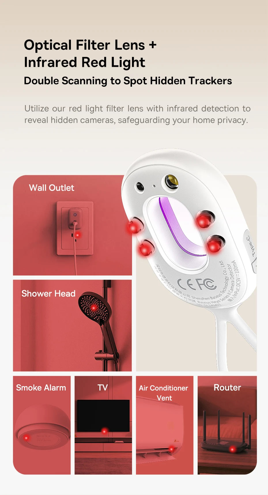Smartlyo Baseus Camera Detector device with compact design and indicator lights for detecting hidden cameras or surveillance equipment.