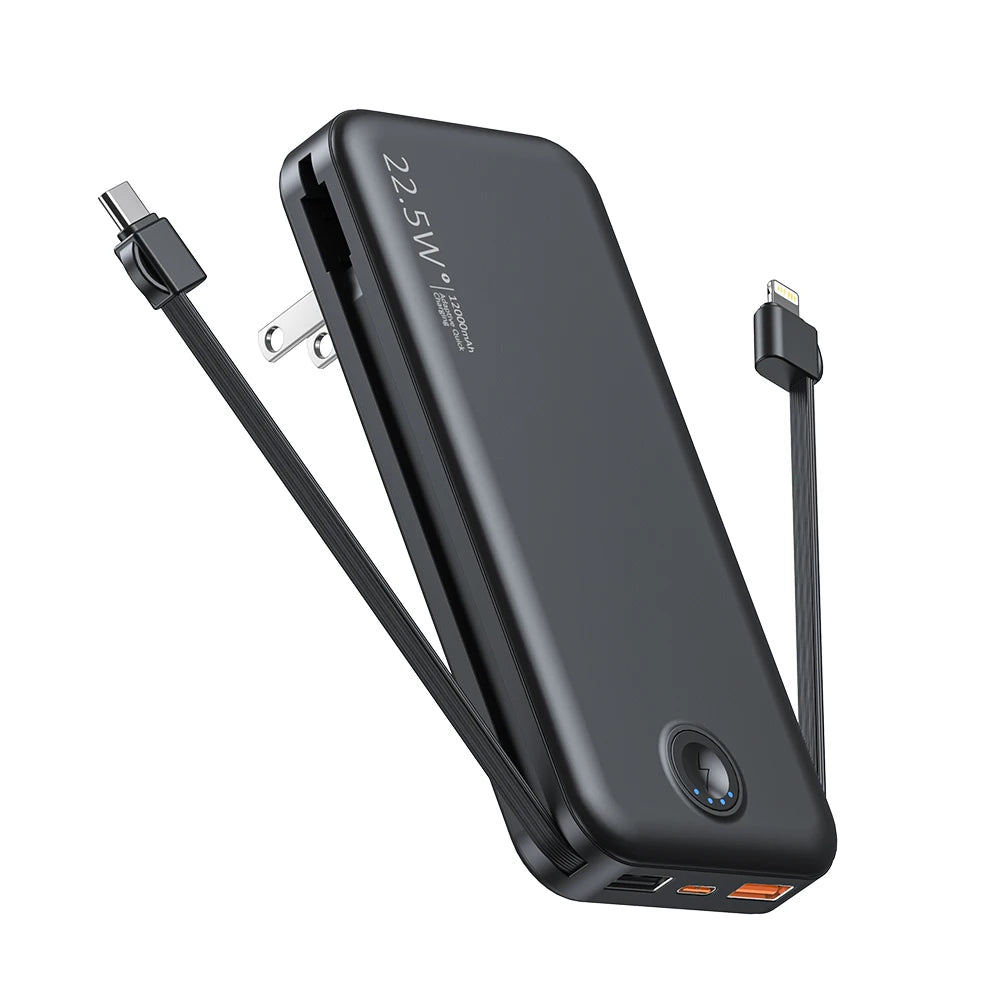 Smartlyo portable charger with built-in cables, compact design, and multiple charging ports for convenient device power on the go.
