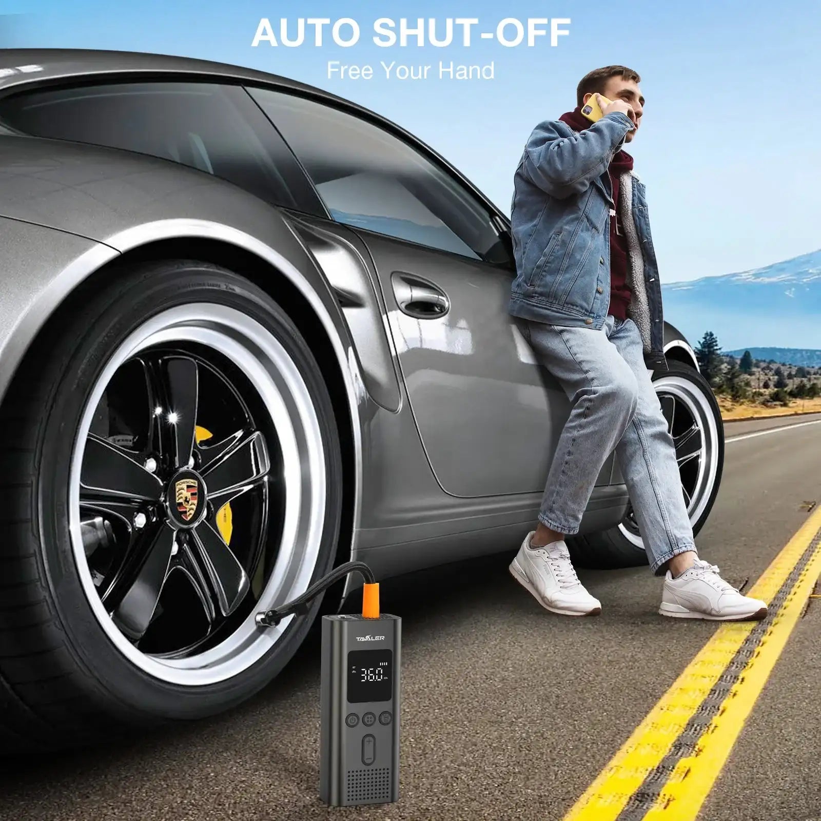 Smartlyo wireless air pump displaying 150psi pressure gauge with compact design and digital controls.