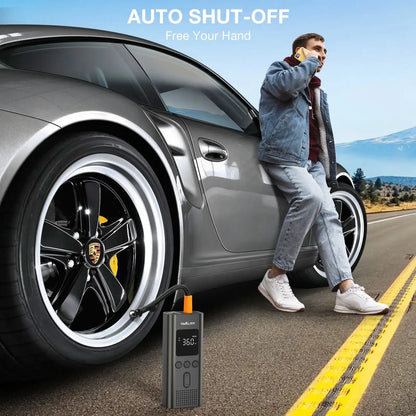 Smartlyo wireless air pump displaying 150psi pressure gauge with compact design and digital controls.