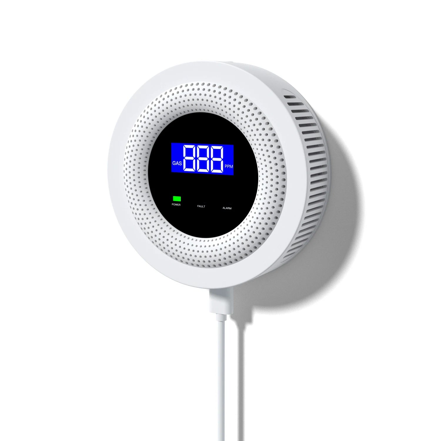 Smartlyo Tuya WiFi combustible gas leak sensor detecting gas leaks with digital display and alarm in a modern home setting.
