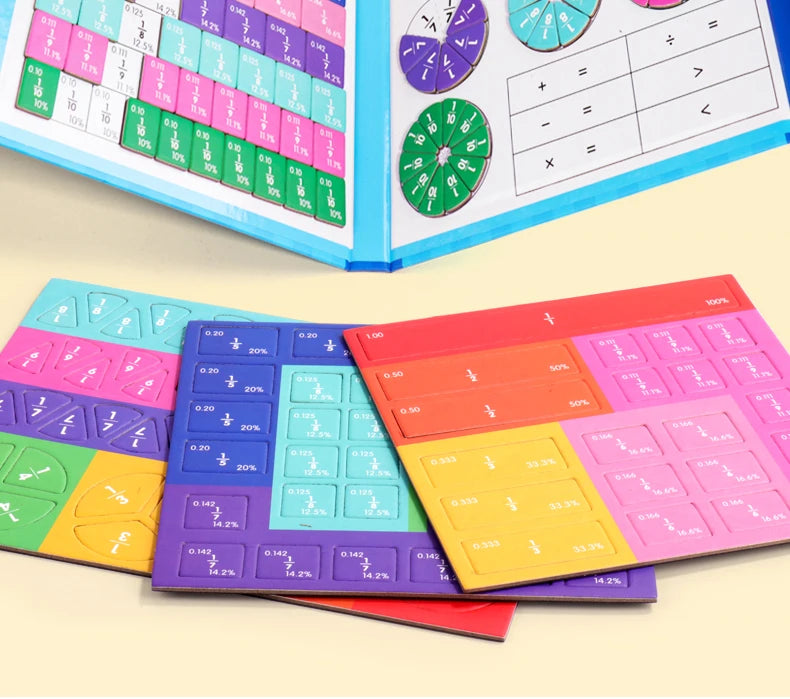 Magnetic fraction puzzles by Smartlyo featuring colorful shapes and numbers for interactive math learning.
