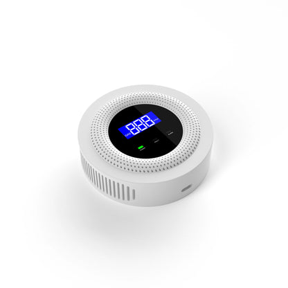 Smartlyo WiFi combustible gas leak sensor detecting gas leaks with digital display and wireless connectivity.