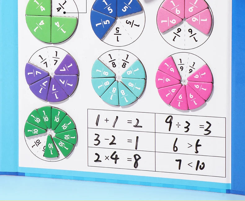 Magnetic fraction puzzles by Smartlyo featuring colorful, educational pieces for learning fractions and math skills.