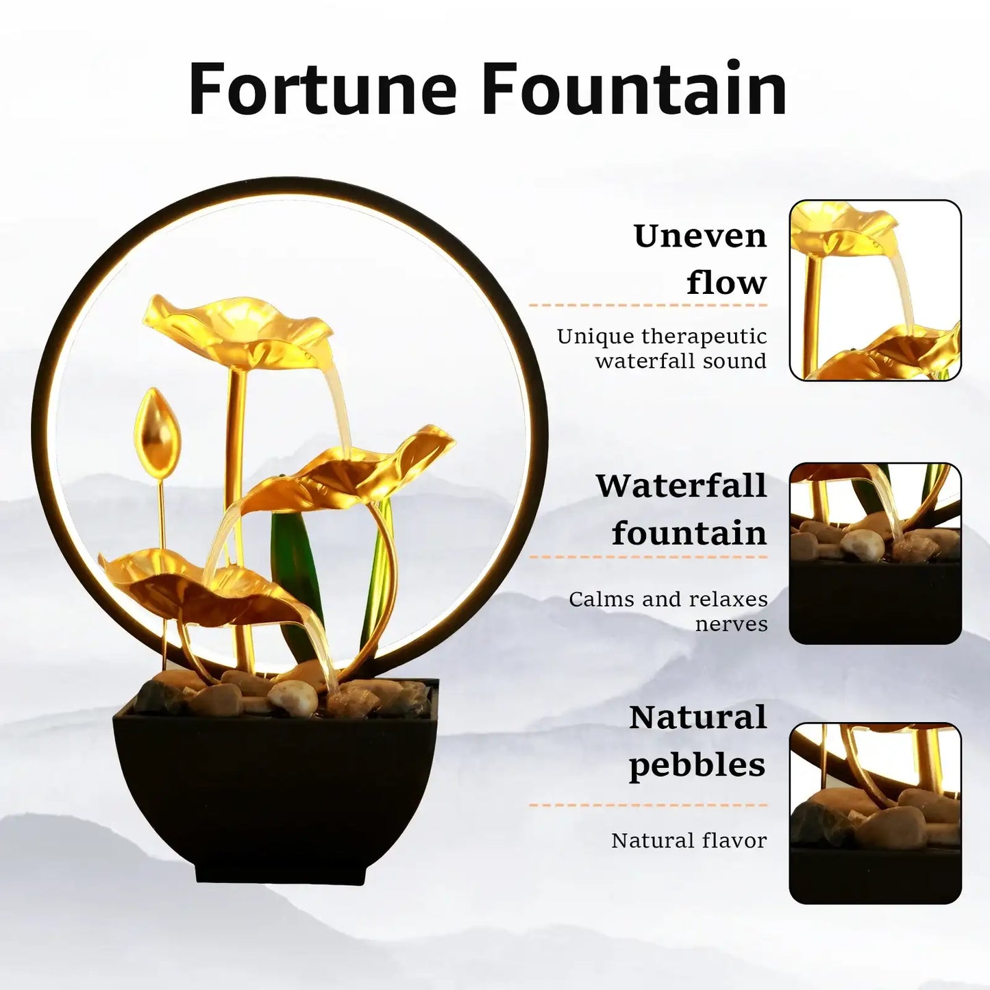 Smartlyo USB powered relaxation desktop water fountain with cascading water feature and calming design.