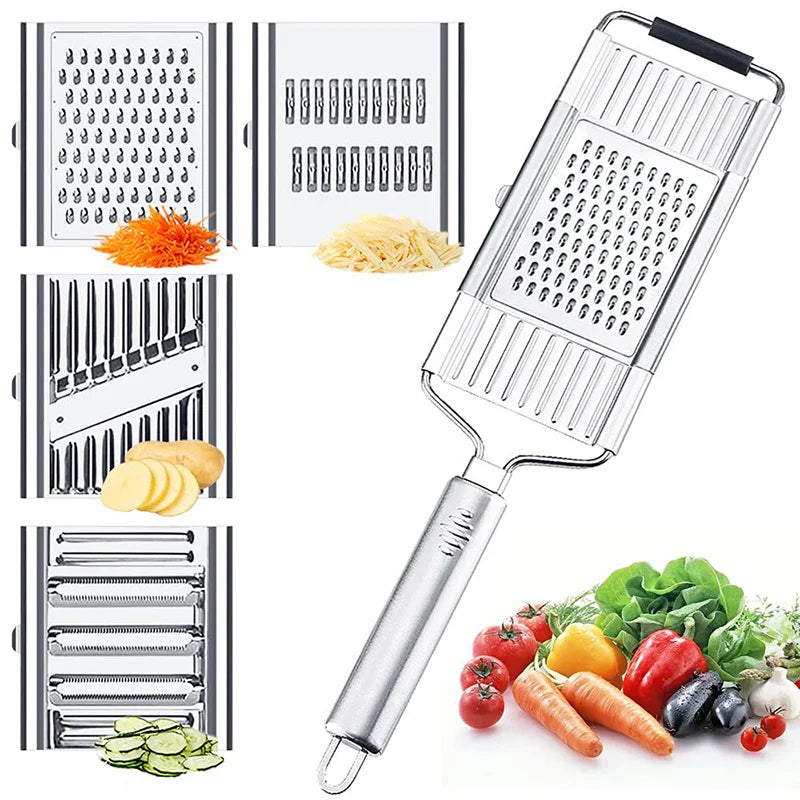 Smartlyo 4-in-1 stainless steel vegetable shredder and slicer with handle, portable and easy to clean kitchen grater.