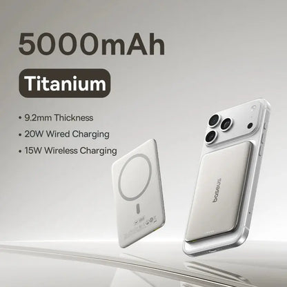 Smartlyo Baseus 5000mAh magnetic power bank with sleek design and built-in magnetic attachment for easy charging.