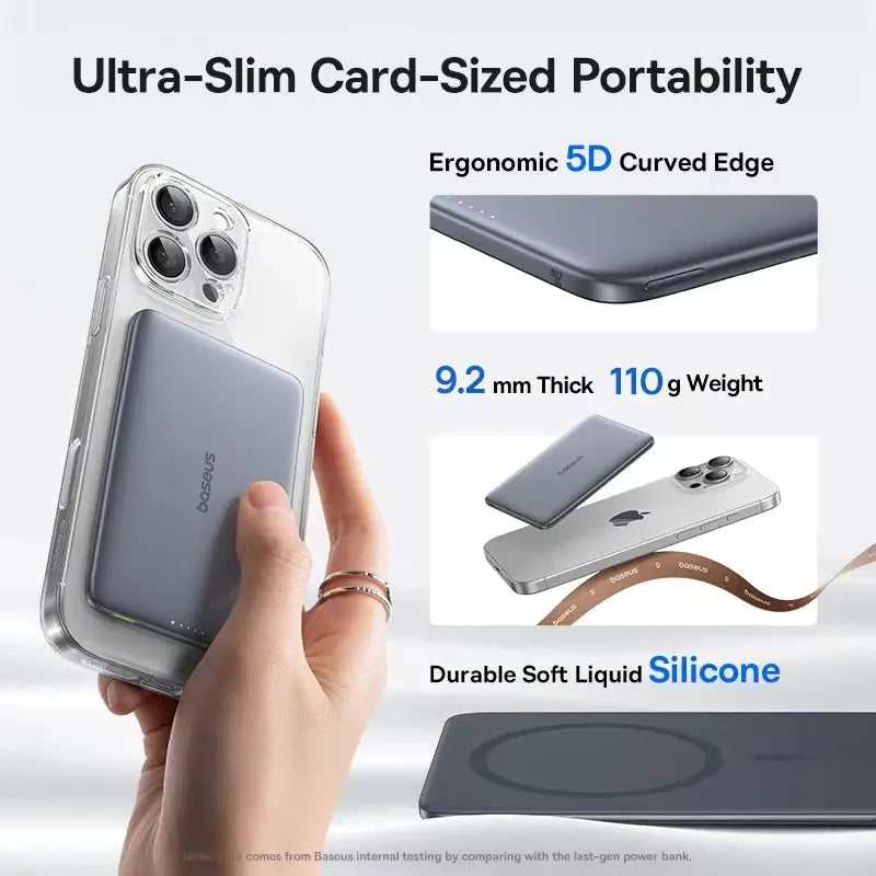 Smartlyo Baseus magnetic power bank with 5000mAh capacity, shown attached to a smartphone for portable charging.