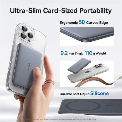 Smartlyo Baseus magnetic power bank with 5000mAh capacity, shown attached to a smartphone for portable charging.