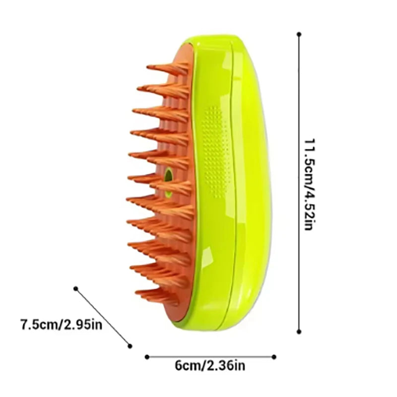 Smartlyo steam pet hair removal brush with electric spray, showing the device and pet fur removal in action.