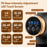 Smartlyo 11-in-1 electric massage gun with 99 intensity levels, showcasing its ergonomic design and multiple attachment heads.