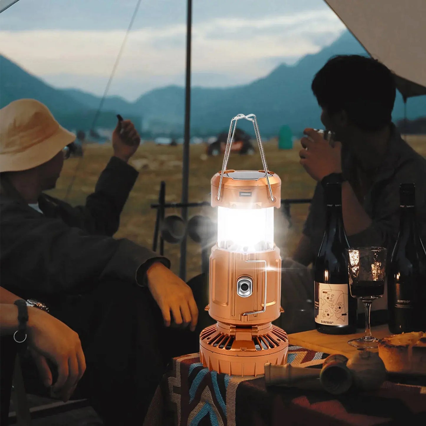 Foldable Smartlyo camping fan light with adjustable blades and LED illumination, ideal for outdoor camping and hiking.