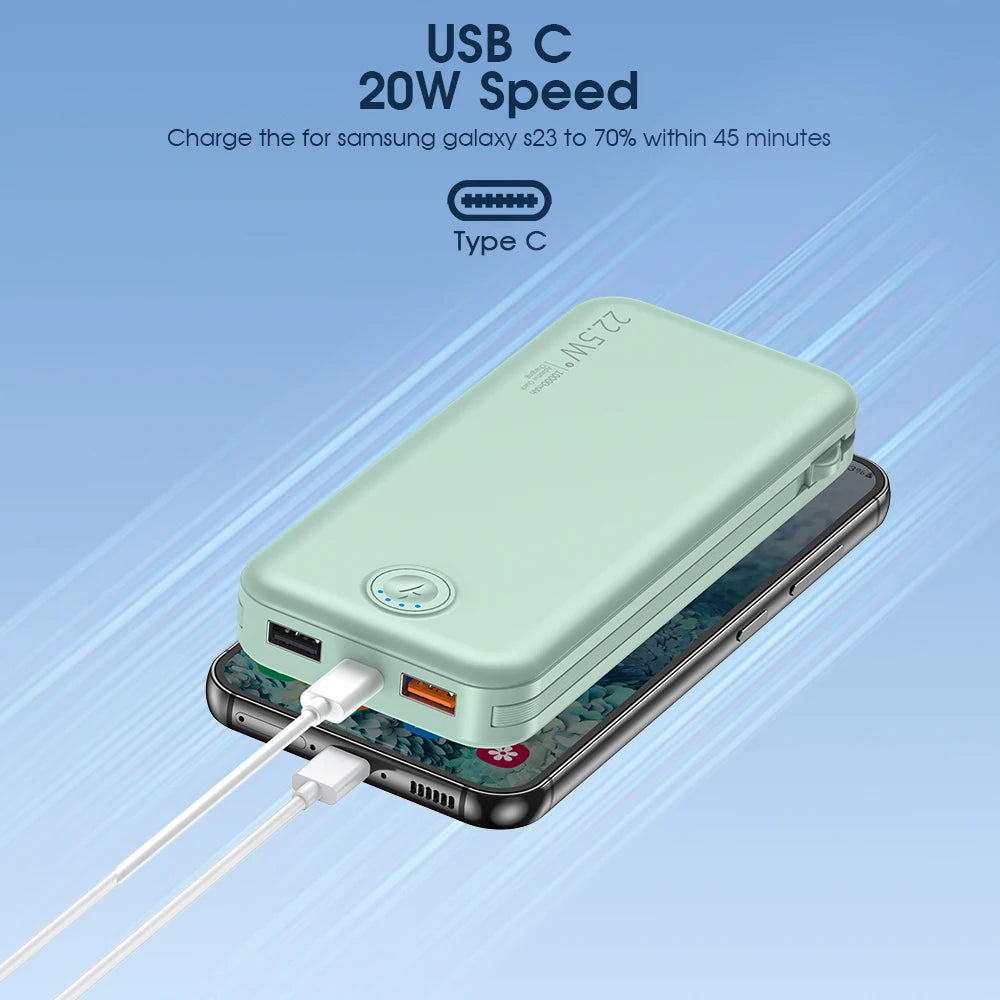 Smartlyo portable charger with built-in cables, compact design, and multiple charging ports for on-the-go device power.