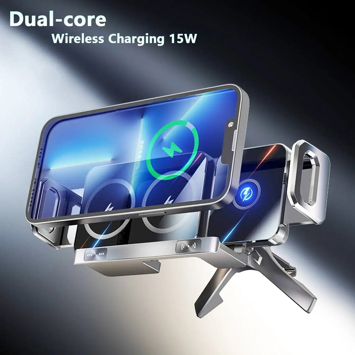 Smartlyo dual coil foldable phone holder and wireless charger with adjustable stand and charging pad for smartphones.