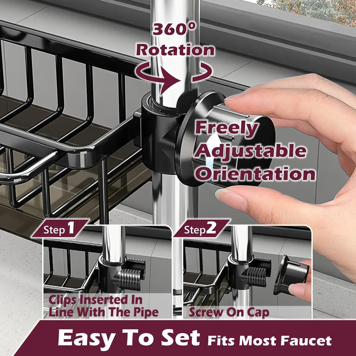 Smartlyo kitchen sink faucet organizer with multiple compartments for sponges, soap, and cleaning tools, mounted under the sink.