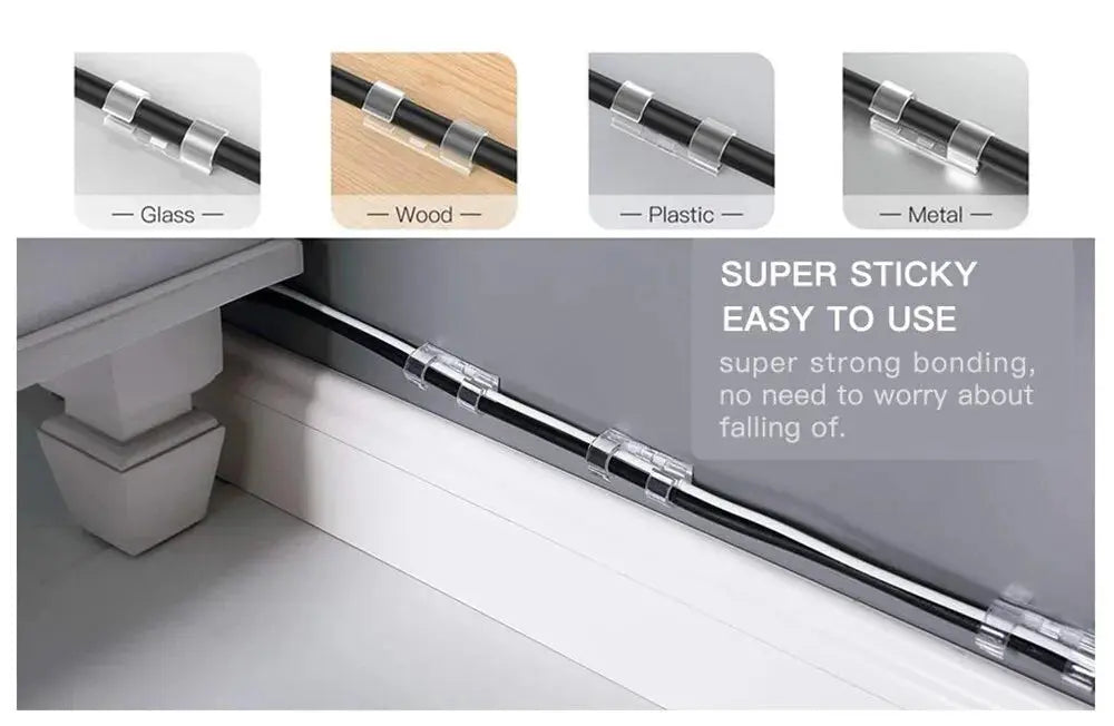 Set of 20 transparent adhesive cable clips from Smartlyo for organizing and securing cables neatly on surfaces.