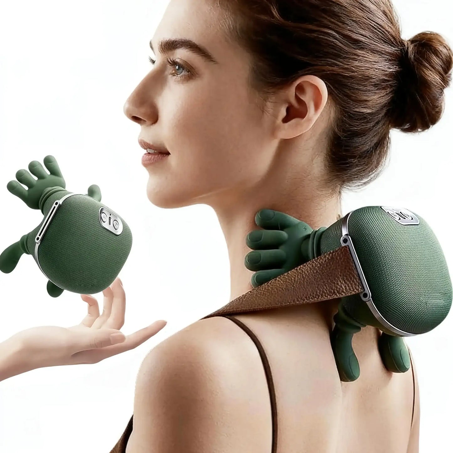 Smartlyo automatic shoulder and neck massager showing padded design with control buttons for relaxing massage therapy.