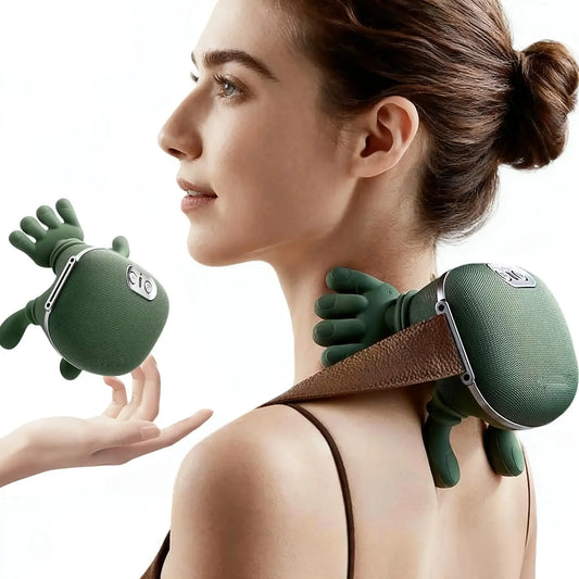 Smartlyo automatic shoulder and neck massager showing padded design with control buttons for relaxing massage therapy.