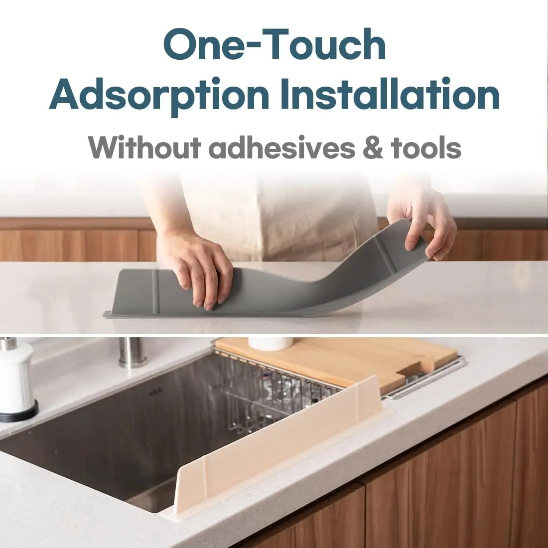 Smartlyo Rafford silicone sink splash guard with suction cups, flexible and easy to install for protecting countertops from water splashes.