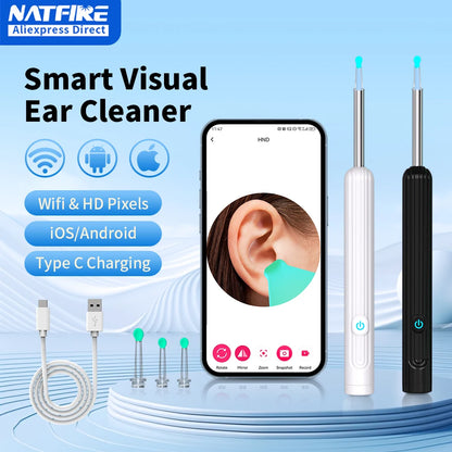 Smartlyo Smart Visual Ear Cleaner with Camera showing the device with a small camera tip and LED lights for ear inspection.