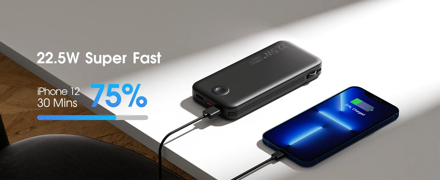 Smartlyo portable charger with built-in cables, compact power bank for on-the-go charging of smartphones and devices.