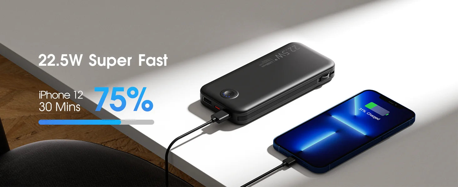 Smartlyo portable charger with built-in cables, compact power bank for on-the-go charging of smartphones and devices.