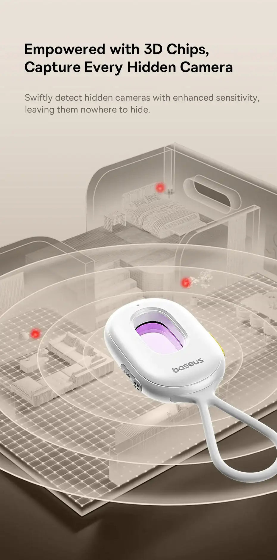 Smartlyo Baseus camera detector device showing a sleek black handheld design with detection indicators and controls.