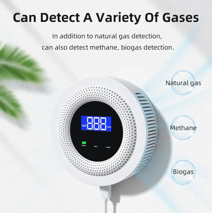 Smartlyo Tuya WiFi combustible gas leak sensor showing a compact white device with indicator lights and sensor ports.