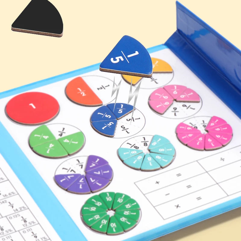 Magnetic fraction puzzles by Smartlyo featuring colorful pieces for learning fractions on a white background.