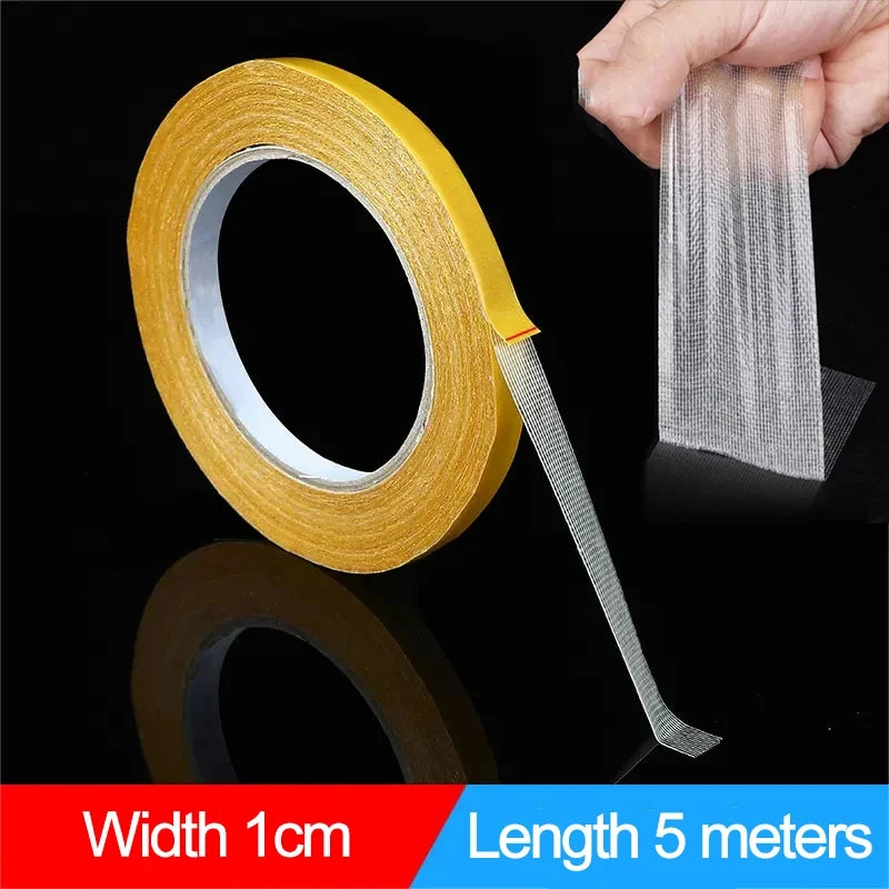 Smartlyo double-sided tape with high viscosity grid fiber, showing the adhesive side and textured surface for strong bonding.