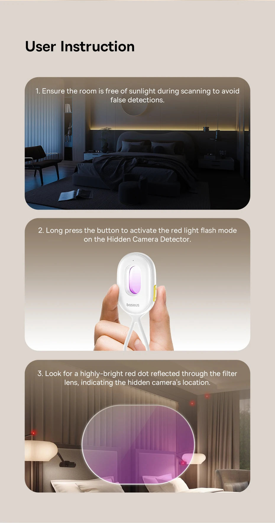 Smartlyo Baseus Camera Detector device with digital display and detection sensors for hidden cameras and surveillance equipment.
