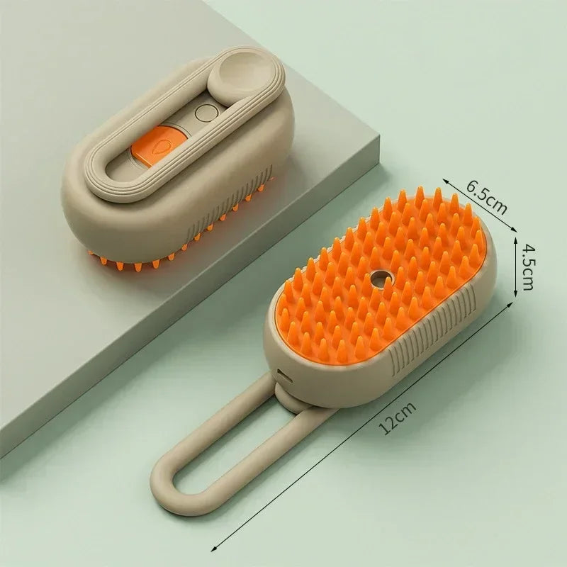 Smartlyo Steam Pet Brush 3-in-1 showing a handheld pet grooming tool with steam function and multiple attachments for easy grooming