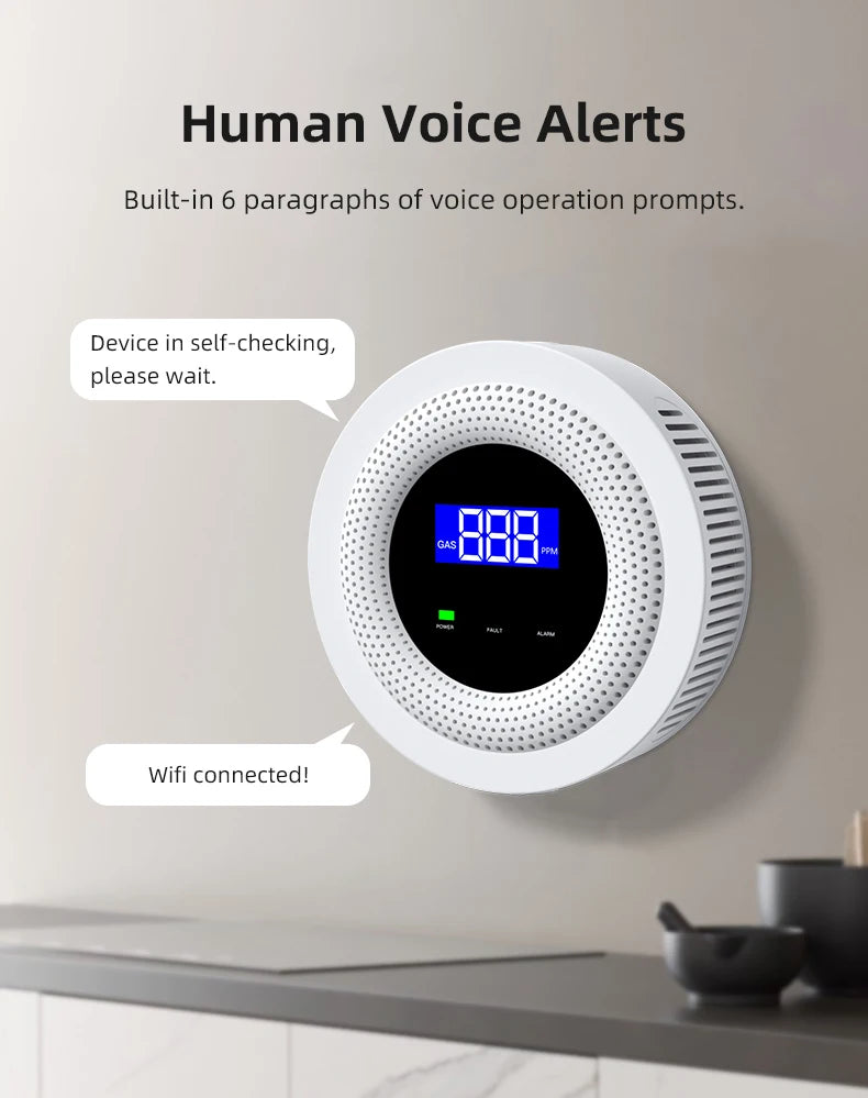Smartlyo Tuya WiFi combustible gas leak sensor detecting gas leaks with digital display and alert features.