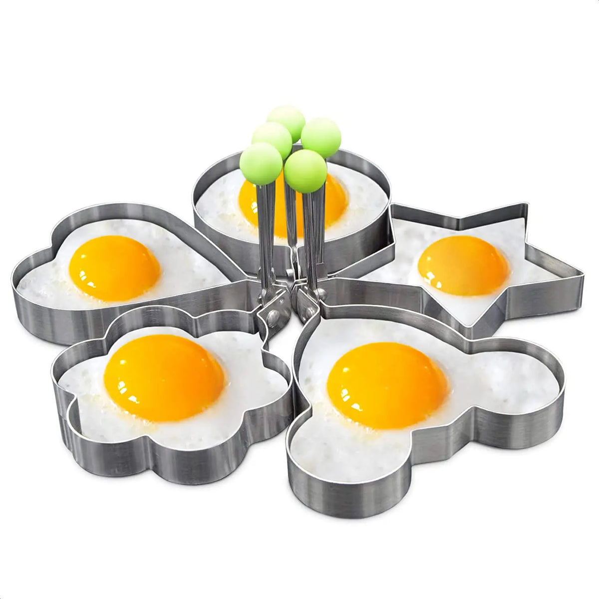 Smartlyo stainless steel fried egg mold in heart shape, ideal for pancakes, omelettes, and breakfast cooking in the kitchen.