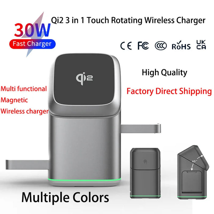 Smartlyo Qi2 25W 3-in-1 magnetic wireless charger stand with multiple charging ports and sleek design for smartphones and accessories.